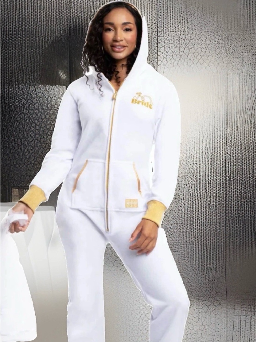 NEW Bachelorette BRIDE Cozy Tipsy Elves Golden Glitter Bridal Jumpsuit XS or Lrg - Picture 4 of 7